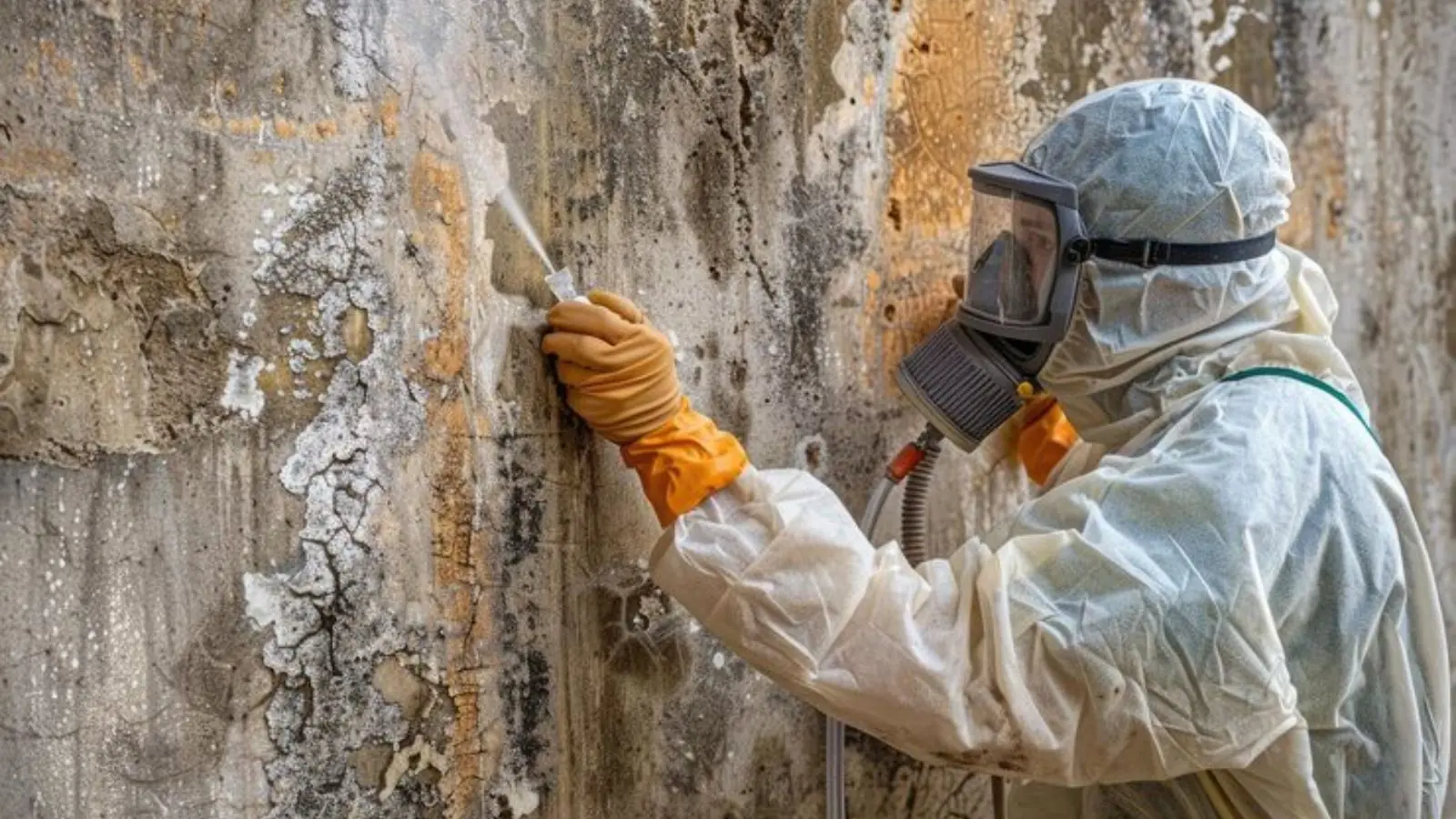 A worker in a respirator and protective suit scraping mold from a damaged wall
