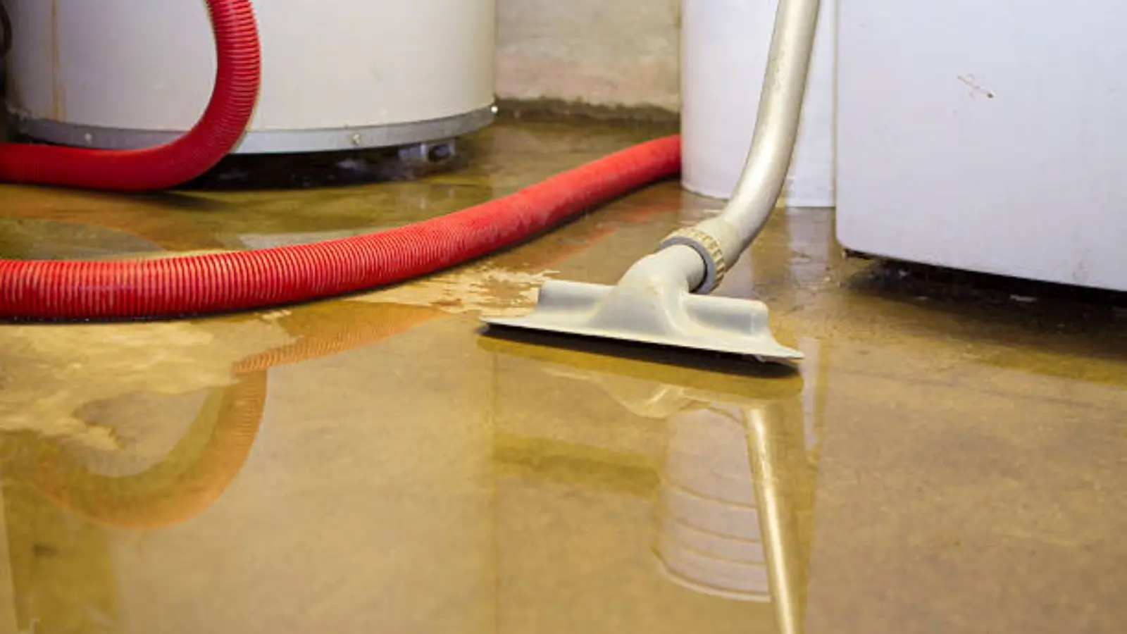 A water extraction tool with a red hose pulling water off a stained floor