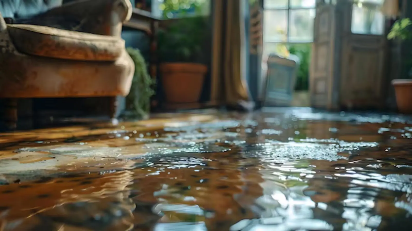 Water pooled on a wood floor beside a wooden armchair