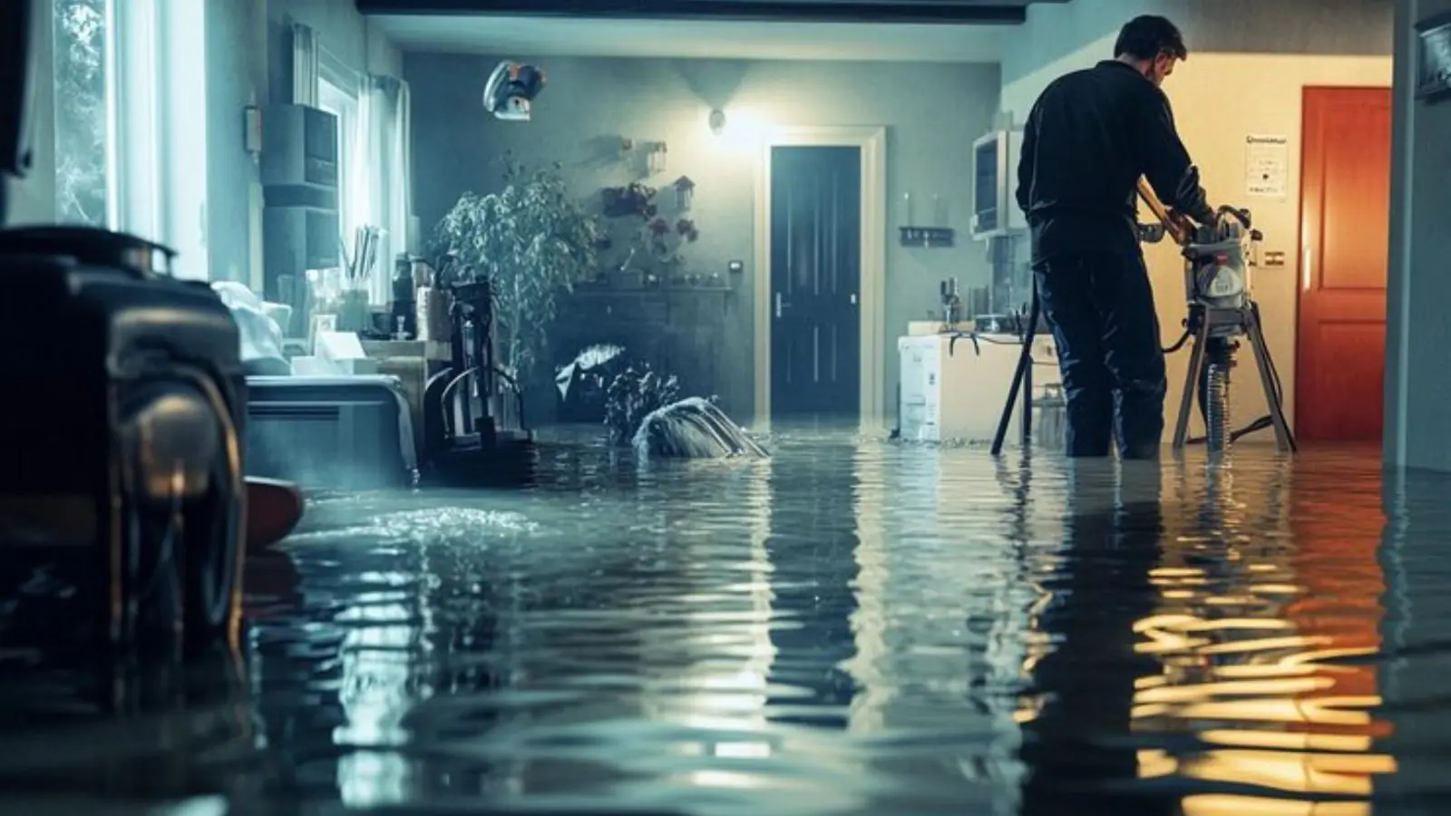 A technician with equipment documenting a water-damaged room before drying begins