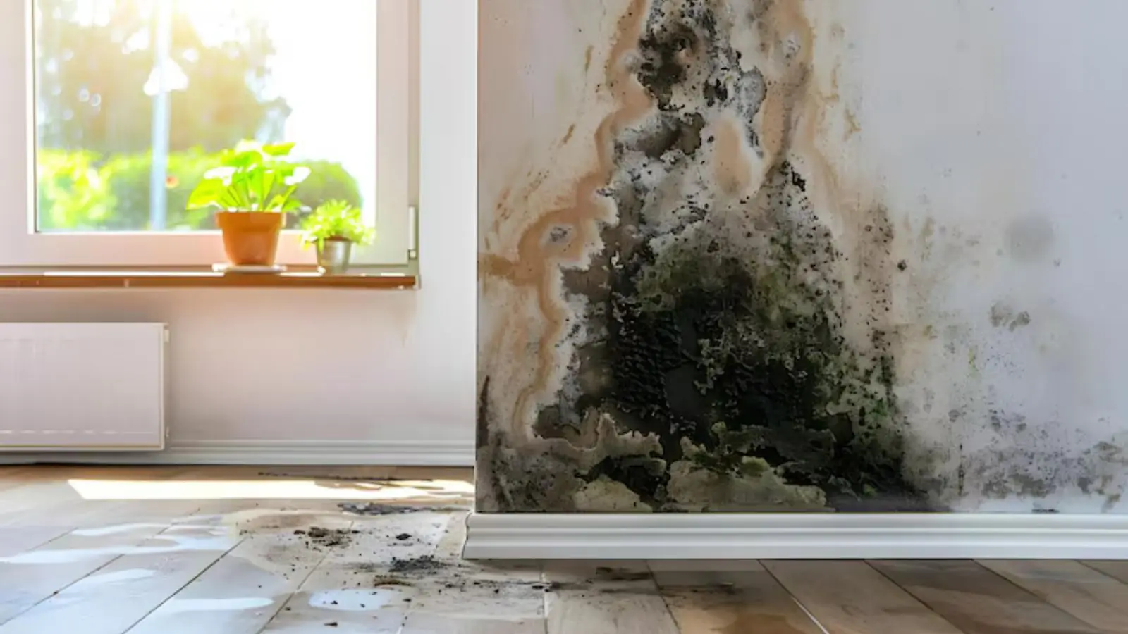Dark mold spreading up a wall beside a sunny window